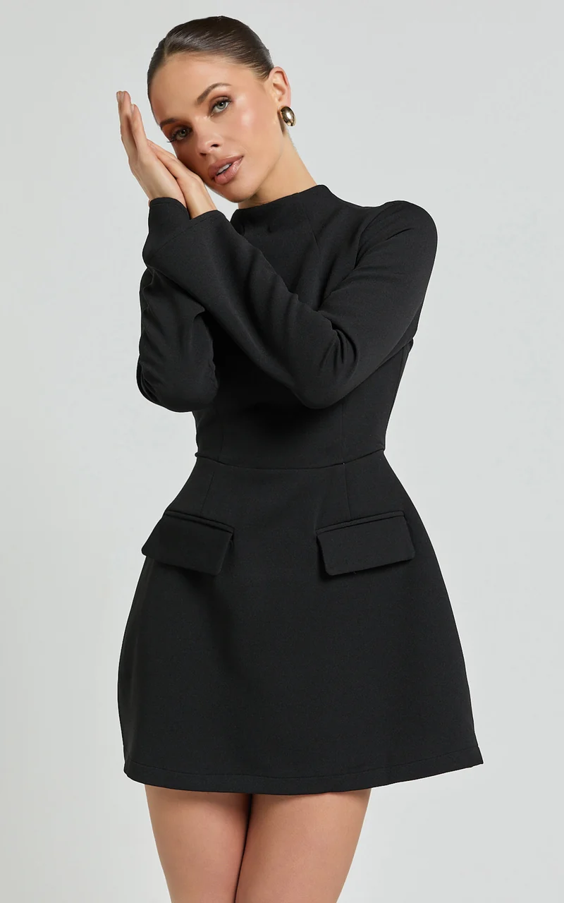 Carlson Mini Dress - High Neck Sleeve Cocoon Skirt Dress in Black