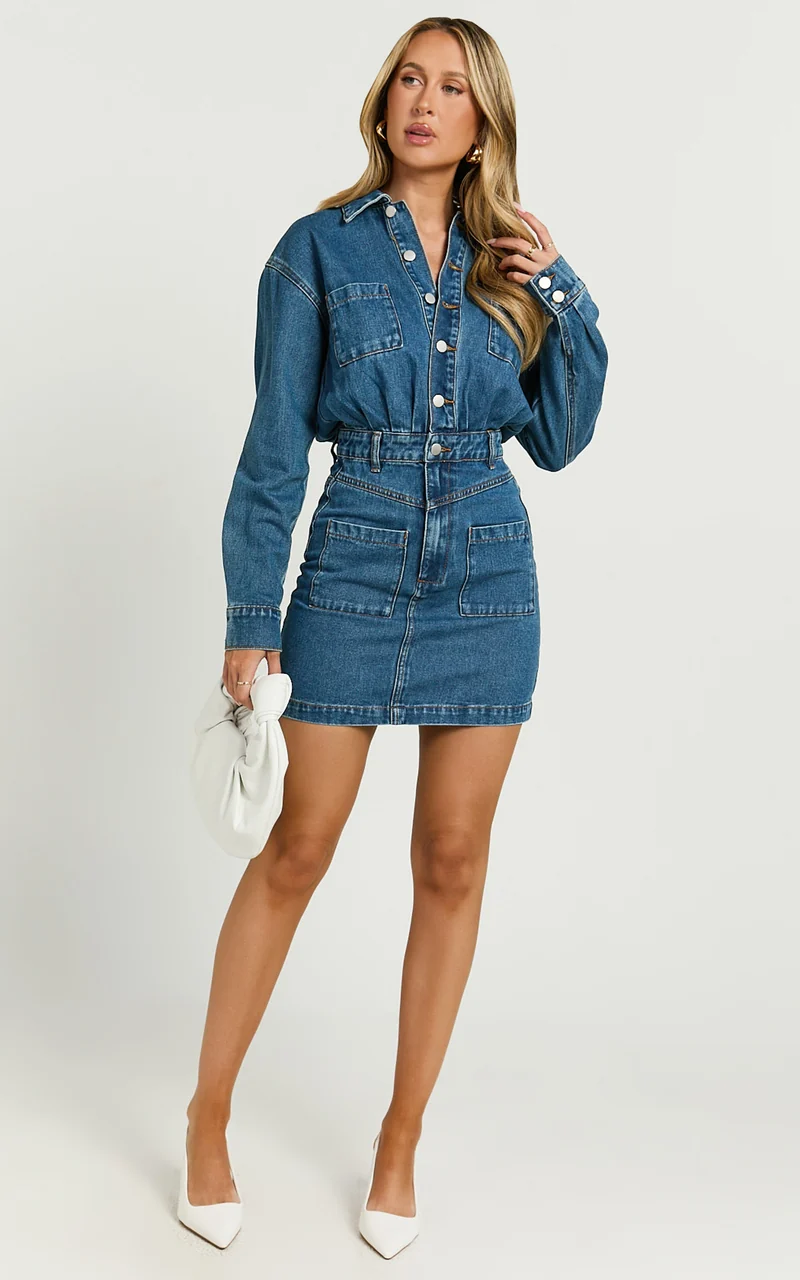 Kamala Mini Dress - Long Sleeve Button Through Denim Dress in Dark Blue Wash