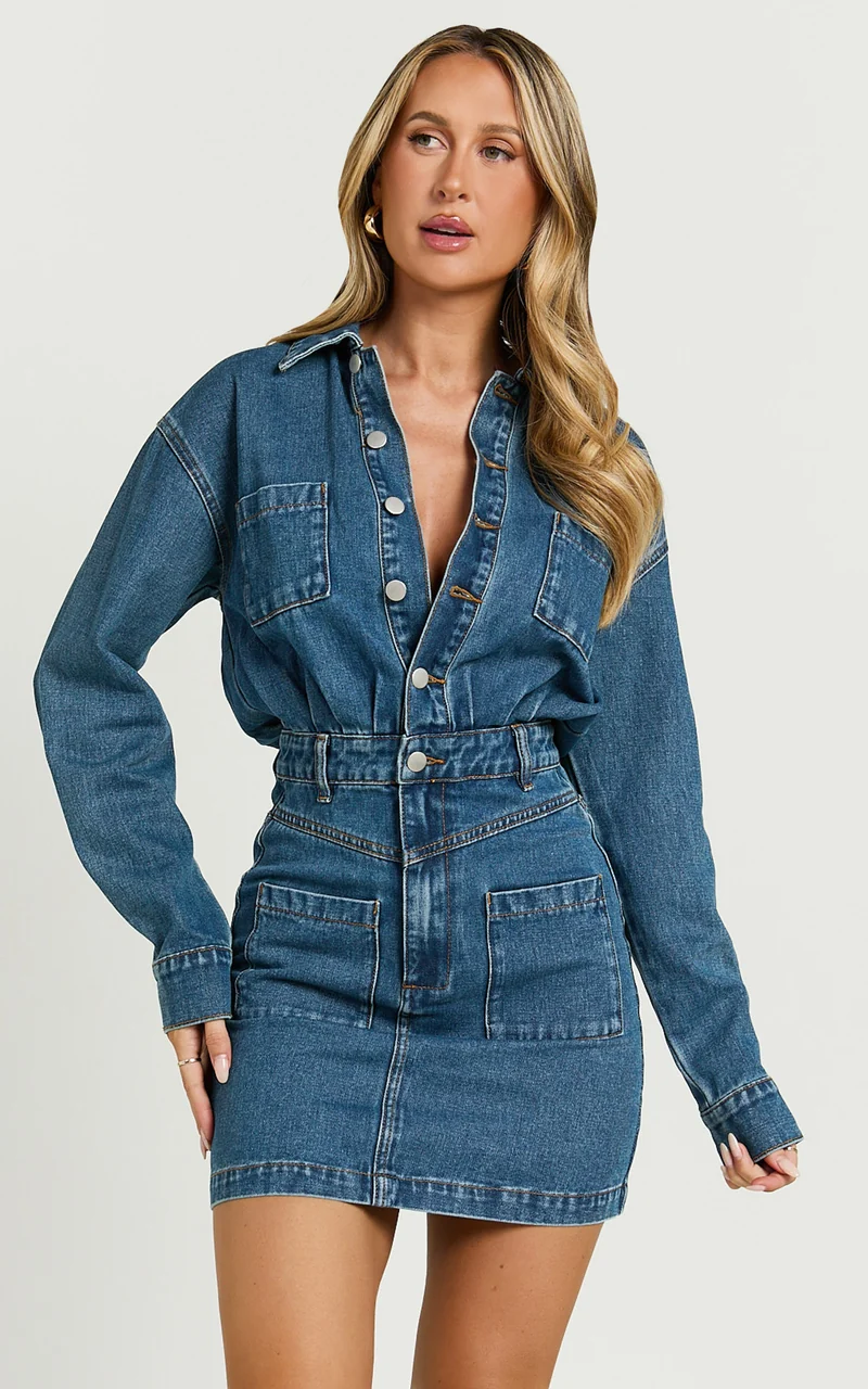 Kamala Mini Dress - Long Sleeve Button Through Denim Dress in Dark Blue Wash