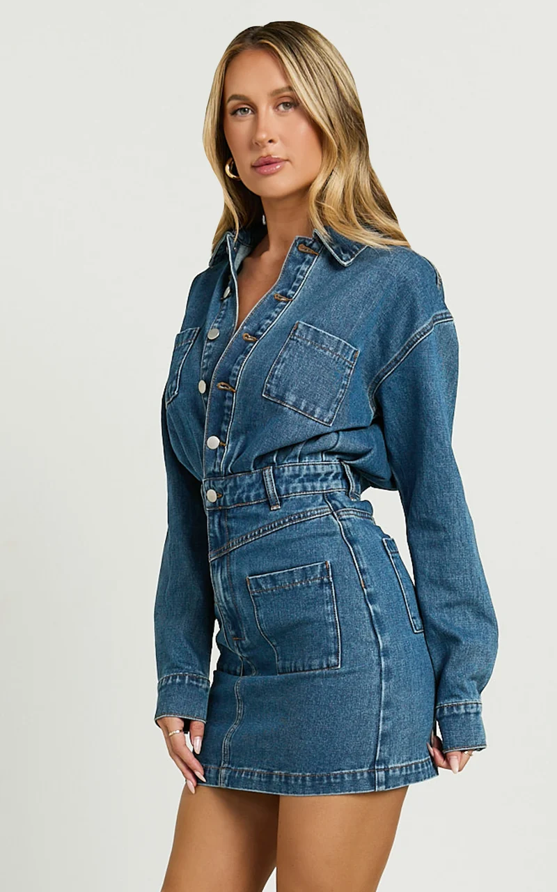 Kamala Mini Dress - Long Sleeve Button Through Denim Dress in Dark Blue Wash