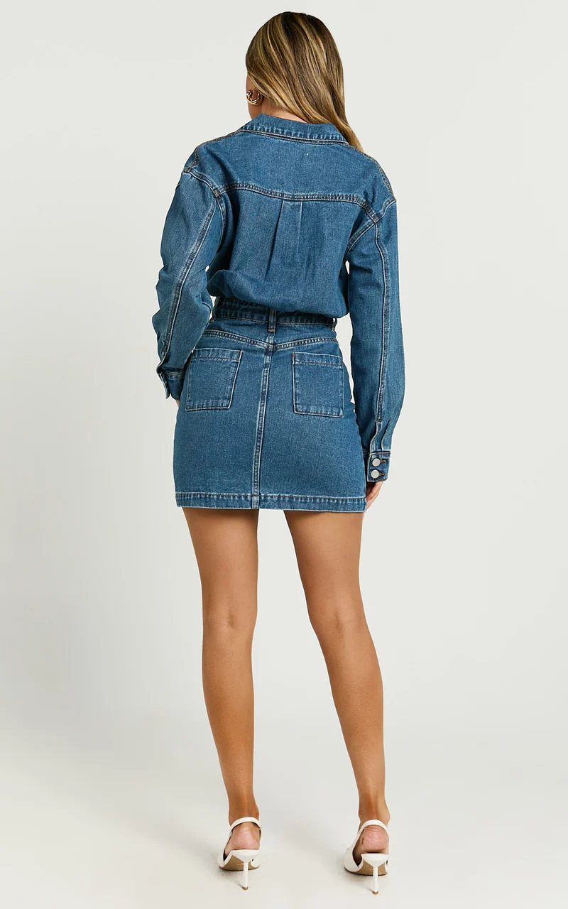 Kamala Mini Dress - Long Sleeve Button Through Denim Dress in Dark Blue Wash