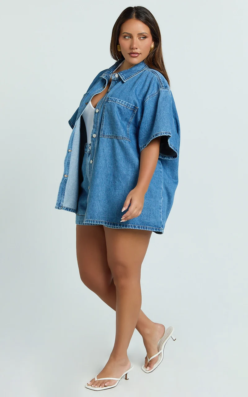 Rhianna Top - Oversized Recycled Denim Short Sleeve Shirt in Mid Blue Wash