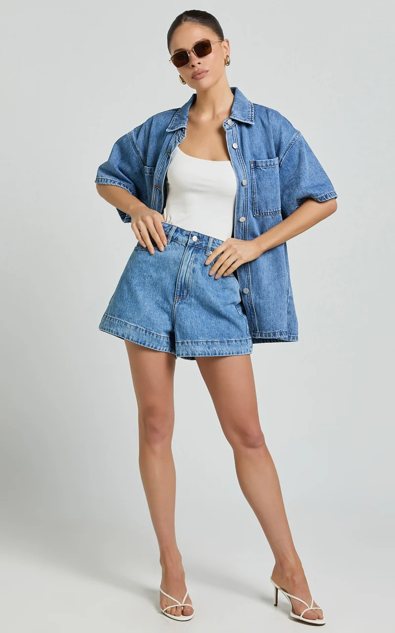 Rhianna Top - Oversized Recycled Denim Short Sleeve Shirt in Mid Blue Wash