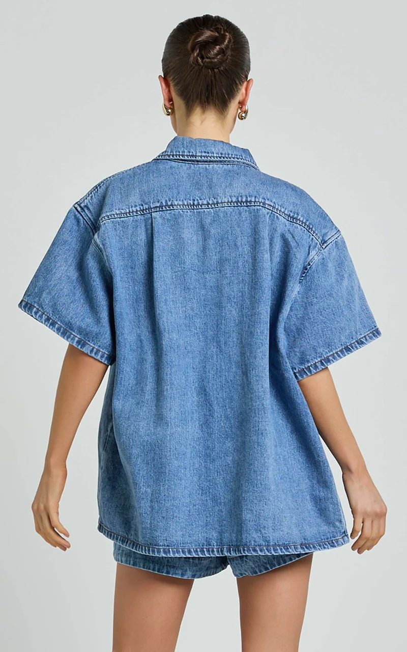 Rhianna Top - Oversized Recycled Denim Short Sleeve Shirt in Mid Blue Wash