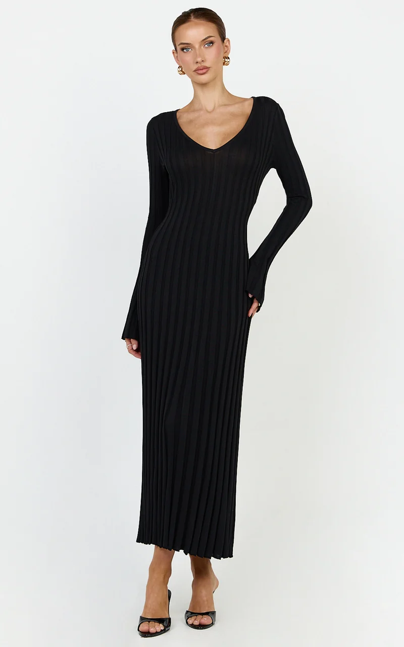 Astra Maxi Dress - V Neck Long Sleeve Knit Dress in Black