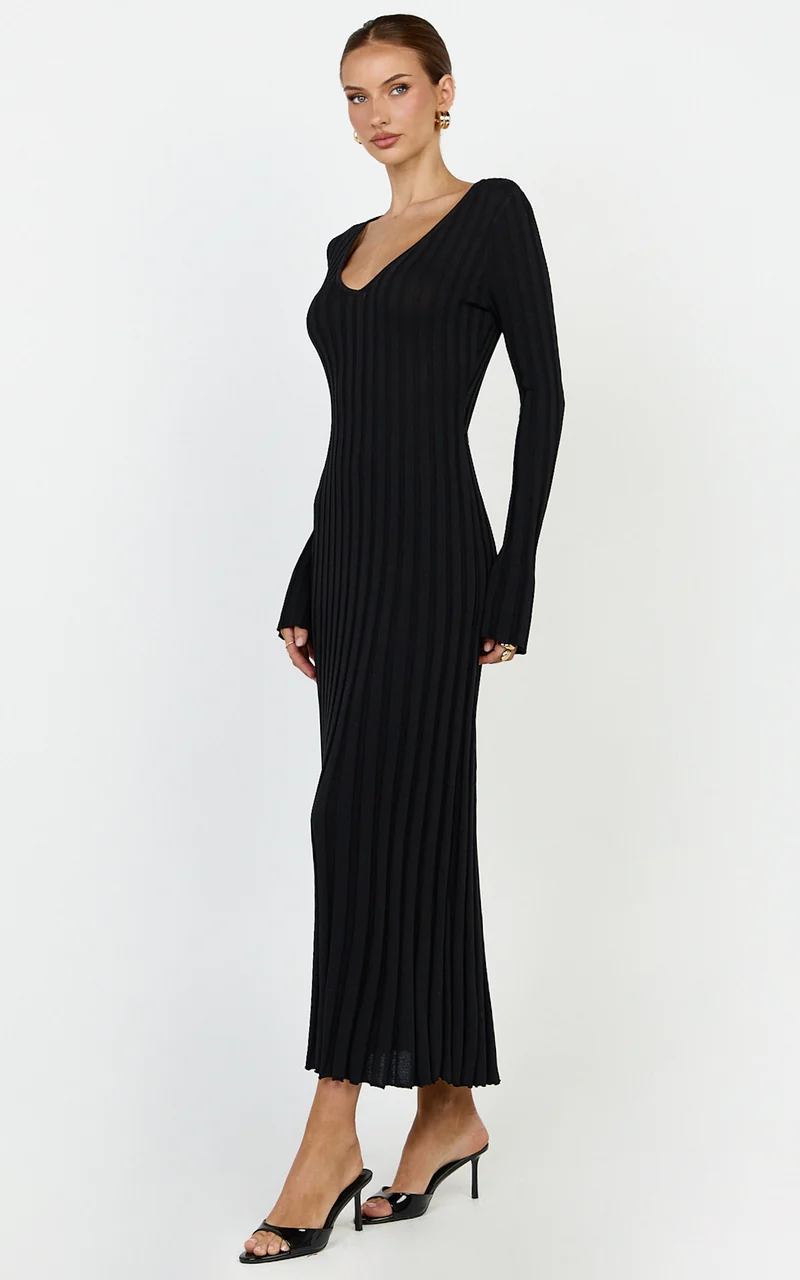 Astra Maxi Dress - V Neck Long Sleeve Knit Dress in Black