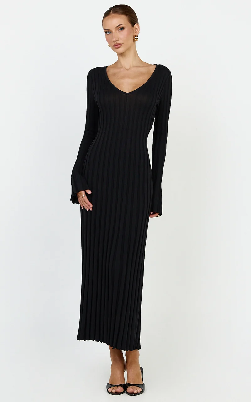 Astra Maxi Dress - V Neck Long Sleeve Knit Dress in Black