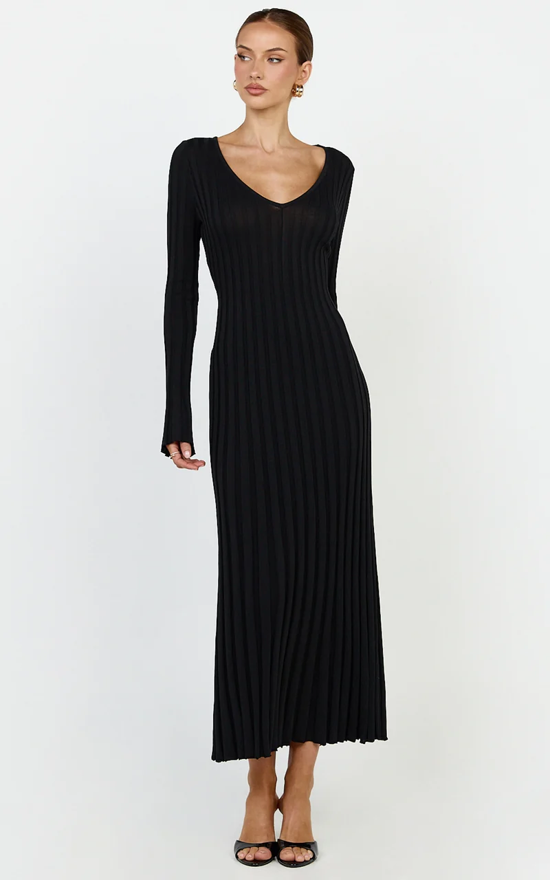Astra Maxi Dress - V Neck Long Sleeve Knit Dress in Black