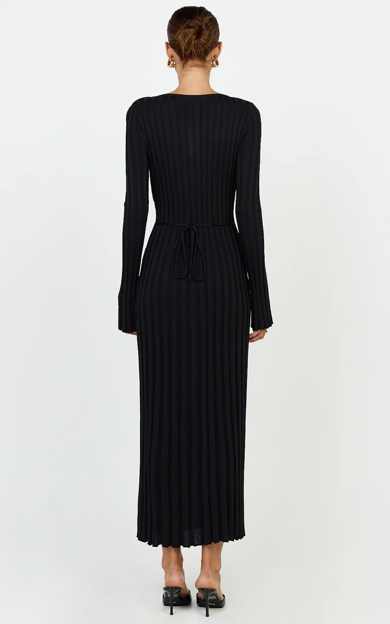 Astra Maxi Dress - V Neck Long Sleeve Knit Dress in Black