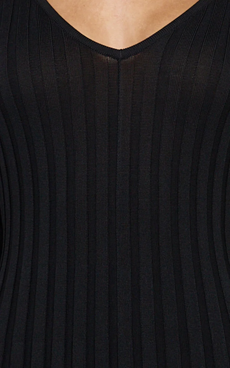 Astra Maxi Dress - V Neck Long Sleeve Knit Dress in Black