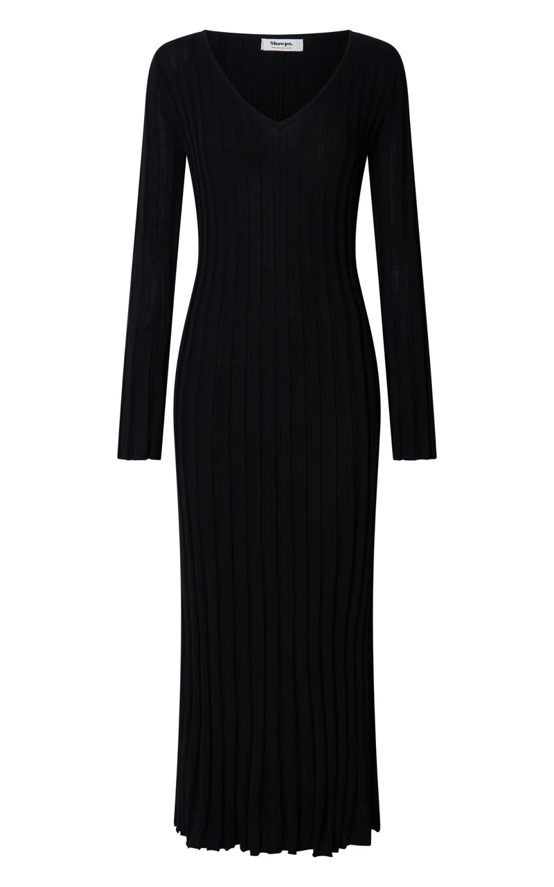 Astra Maxi Dress - V Neck Long Sleeve Knit Dress in Black