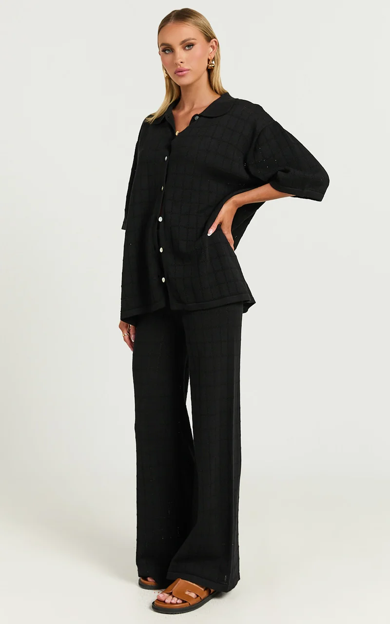 Tommy Two Piece Set - Knit Button Through Top and Pants Two Piece Set in Black