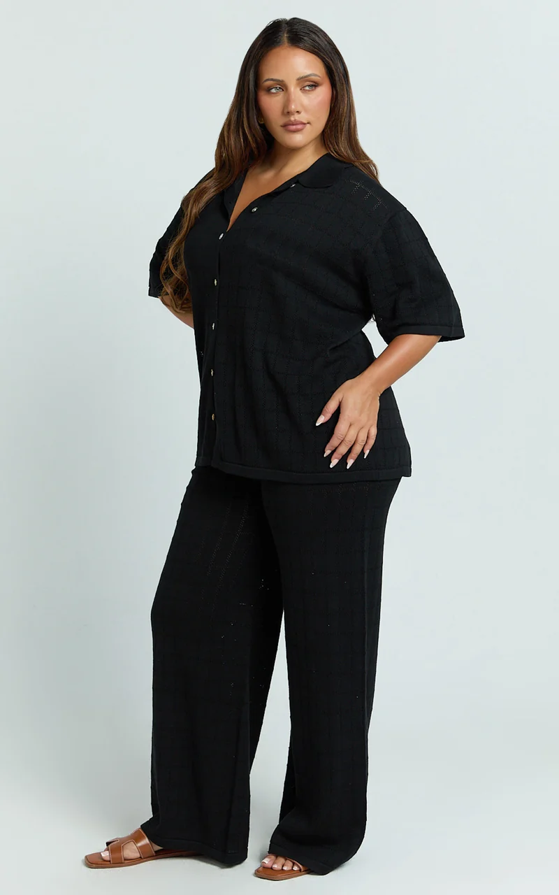 Tommy Two Piece Set - Knit Button Through Top and Pants Two Piece Set in Black