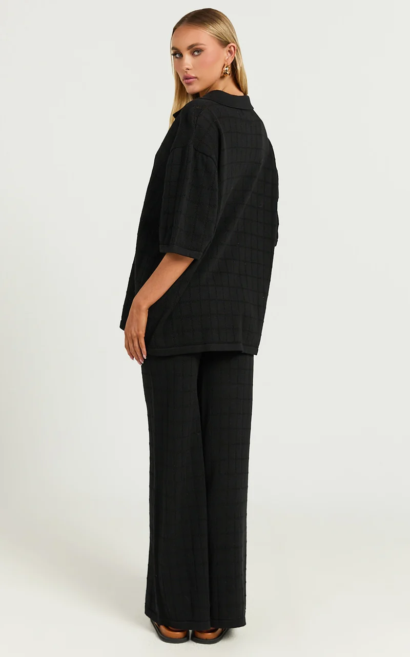 Tommy Two Piece Set - Knit Button Through Top and Pants Two Piece Set in Black