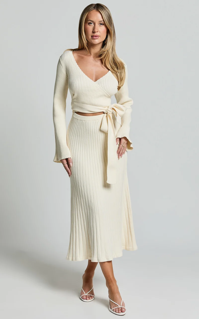 Andreia Midi Dress - Knitted Wrap Long Sleeve Dress in Cream