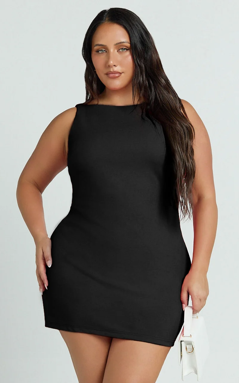 Bindi Boat Neck Bodycon Mini Dress in Black
