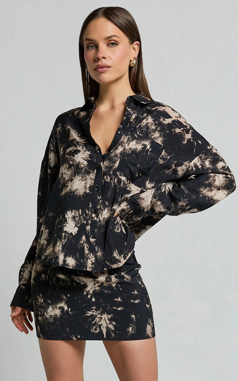 Romain Mini Skirt - High Waisted Printed Mini Skirt in Black Tie Dye