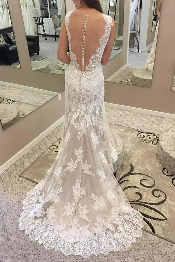 Robe de mariée sirène en dentelle modeste, col à bijoux, robe de mariée GDC1267