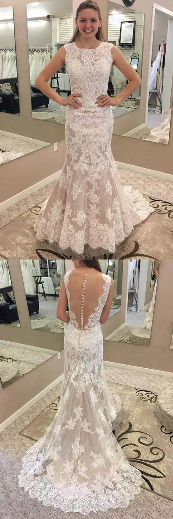 Robe de mariée sirène en dentelle modeste, col à bijoux, robe de mariée GDC1267