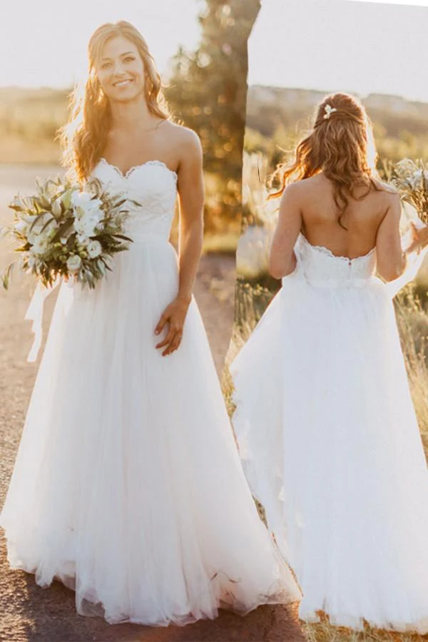 Robe de mariée rustique trapèze avec haut en dentelle et décolleté en cœur