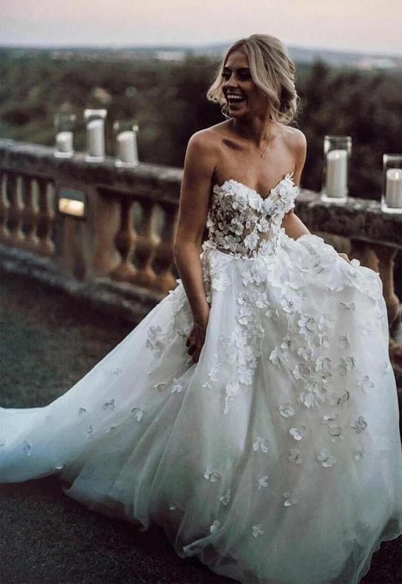 Robe de mariée transparente en Organza, col en cœur, fleur 3D, robe de mariée de campagne