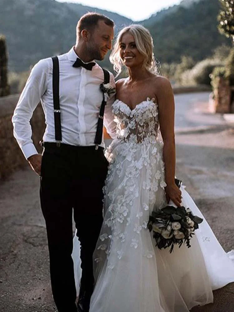 Robe de mariée transparente en Organza, col en cœur, fleur 3D, robe de mariée de campagne