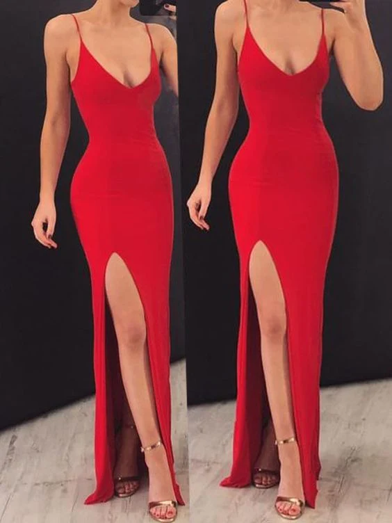 Robe de soirée rouge moulante sexy avec fente latérale et fente latérale