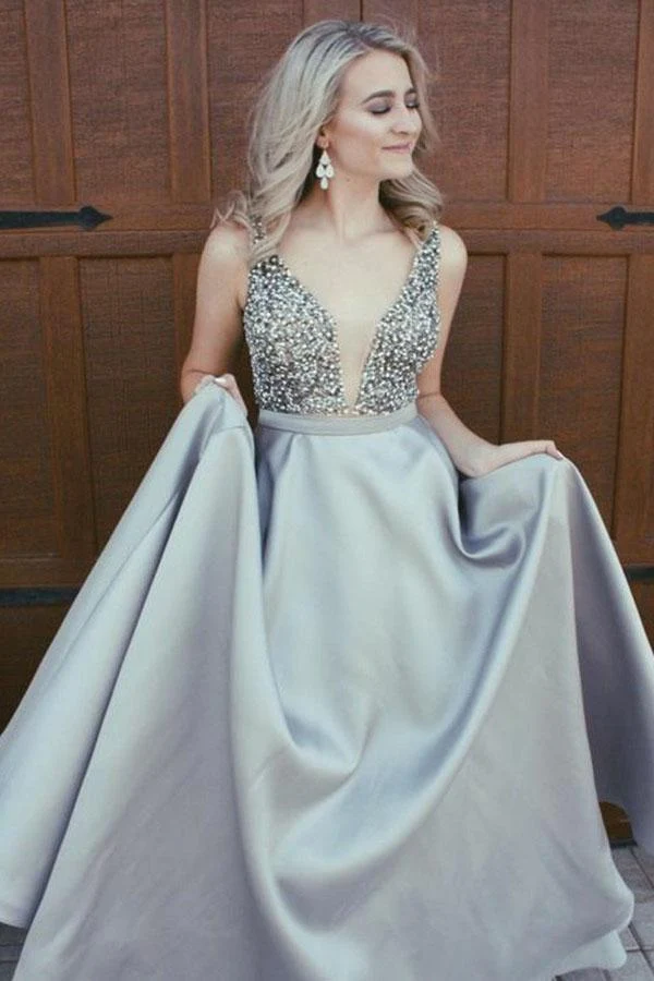 Robe de bal d'école formelle bleu royal à col en V et perles scintillantes