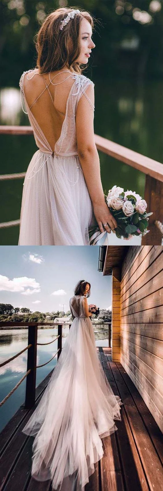 Robe de mariée d'automne bohème en tulle à col en V et dos en V