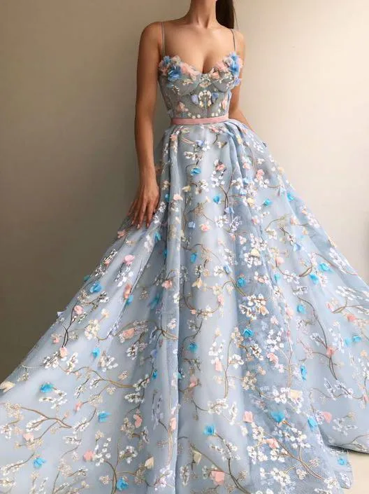 Princesse bleu voir à travers les bretelles Spaghetti florales une ligne robe de bal robe formelle
