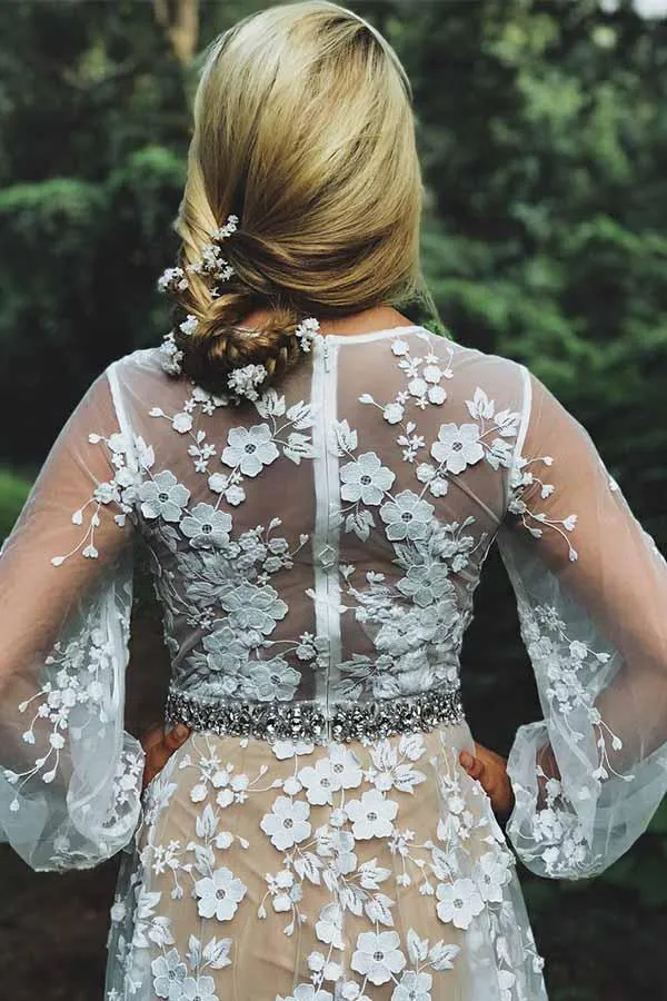Boho unique voir à travers une robe de mariée de campagne rustique trapèze