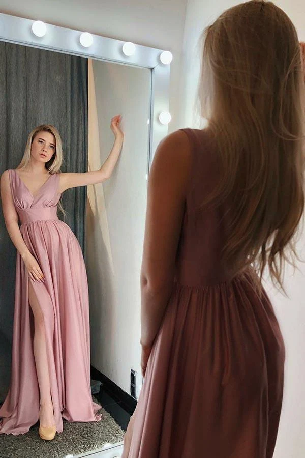 Robe de bal trapèze en mousseline de soie rose blush modeste | Robe formelle de remise des diplômes de 8e année