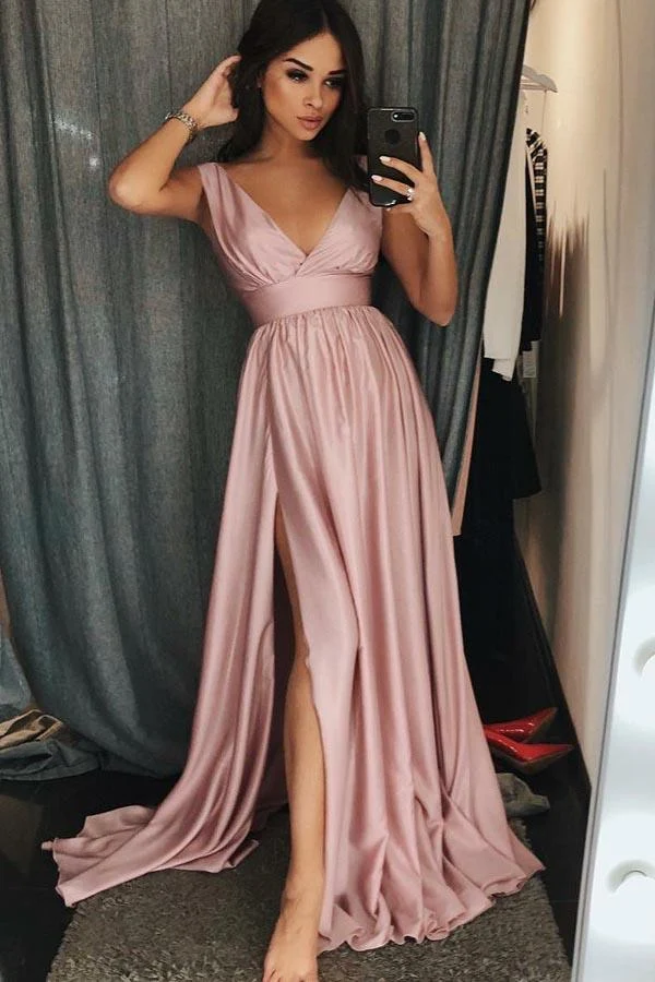 Robe de bal fluide rose poussiéreux à col en V avec fente haute