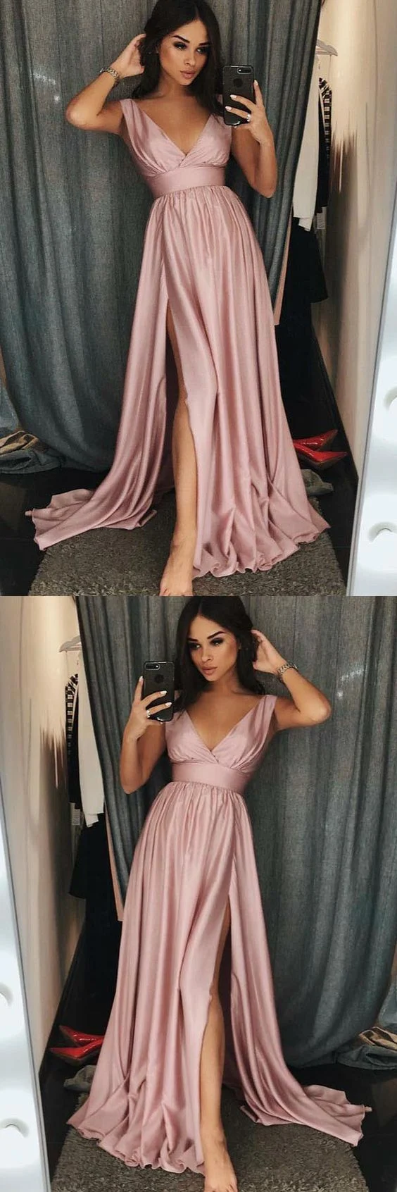 Robe de bal fluide rose poussiéreux à col en V avec fente haute