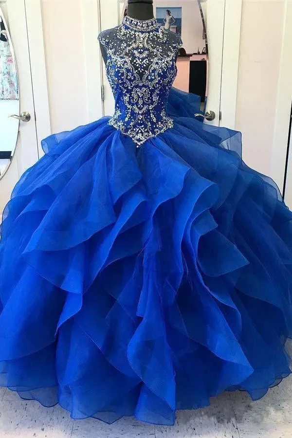 Robe de bal scintillante à volants bleu royal, robes de Quinceanera