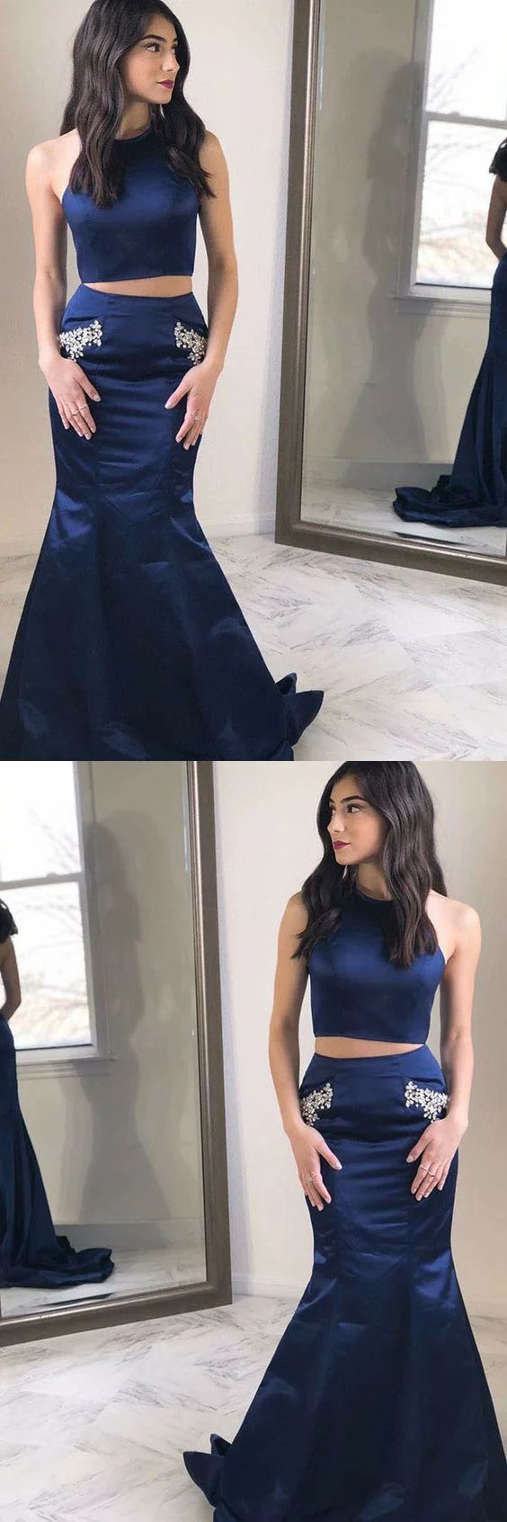 Robe de bal de fin d'année sirène deux pièces bleu marine à col licou pour fête d'anniversaire de 16 ans
