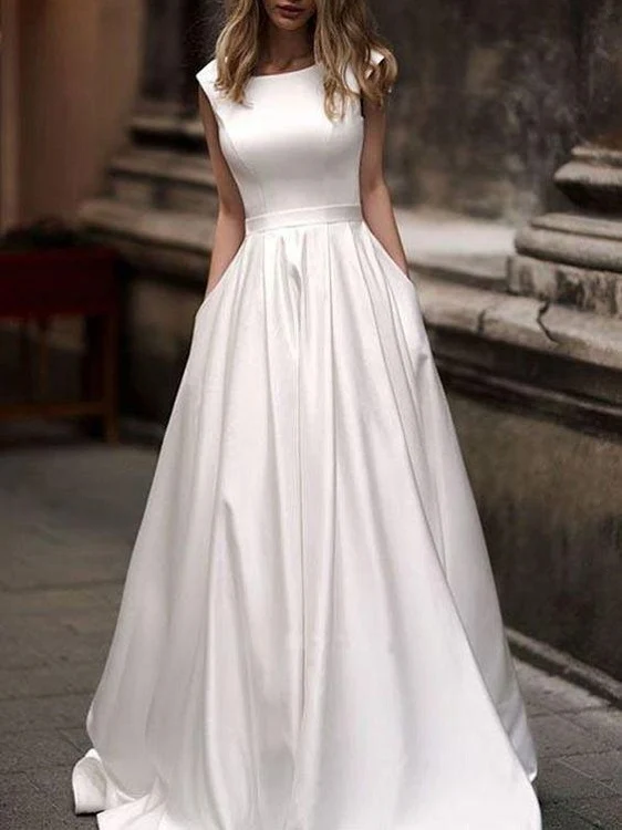 Robe de mariée longue en satin vintage à col bateau et poches