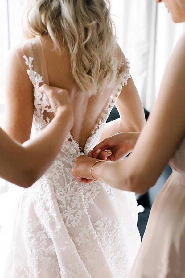 Robe de mariée en dentelle organza florale à col en V Robe de mariée trapèze