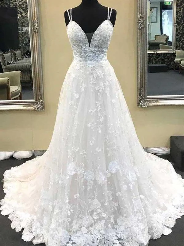 Meilleure robe de mariée de célébrité en dentelle trapèze délicate avec des appliques