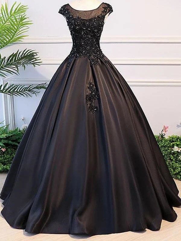 Robe de bal noire à col illusion et manches courtes, robe de bal de fin d'études