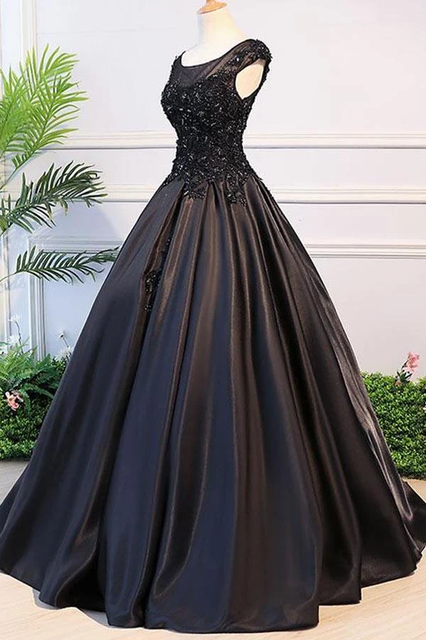 Robe de bal noire à col illusion et manches courtes, robe de bal de fin d'études