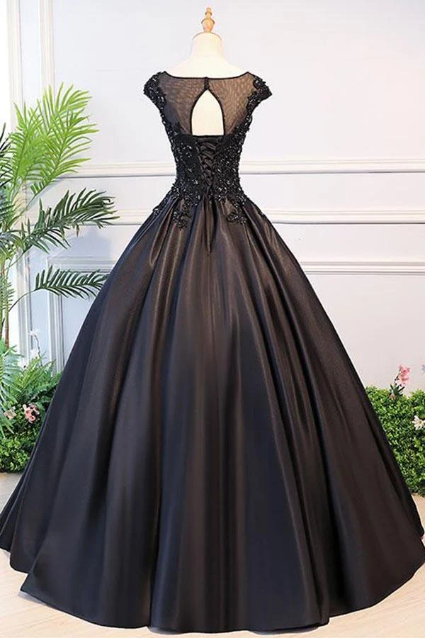 Robe de bal noire à col illusion et manches courtes, robe de bal de fin d'études