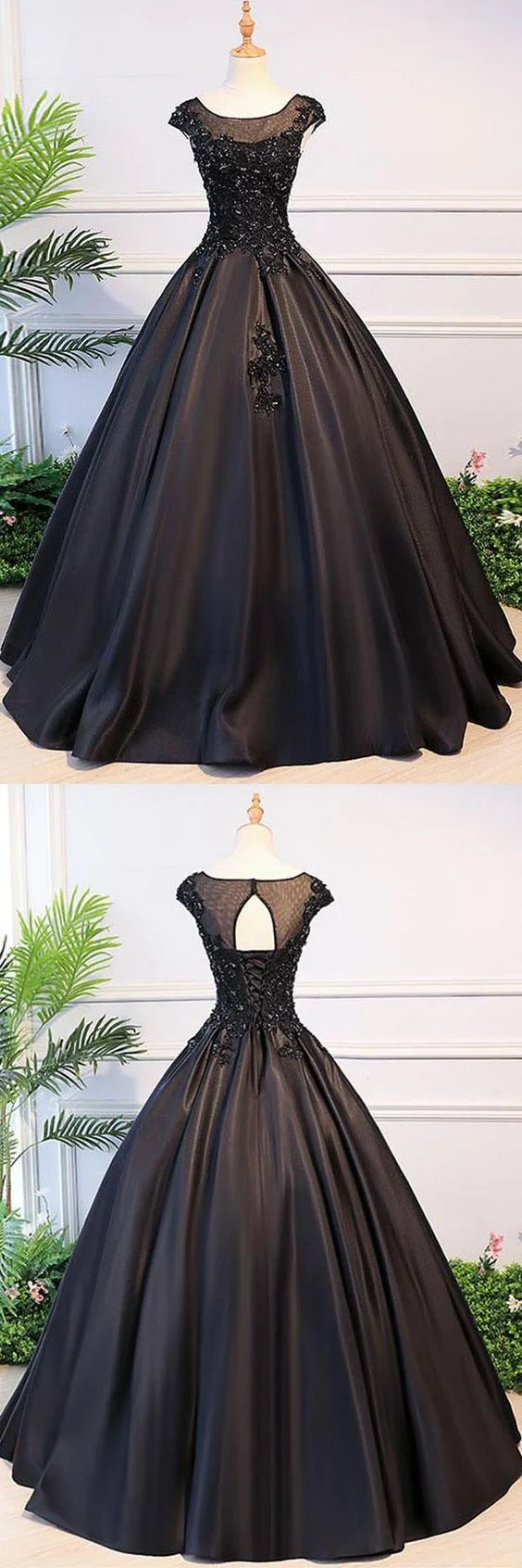 Robe de bal noire à col illusion et manches courtes, robe de bal de fin d'études