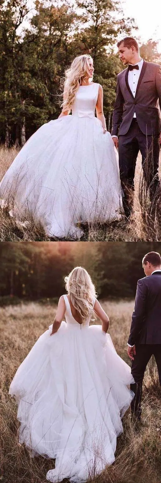 Robe de mariée d'automne modeste en tulle et satin à col bateau et dos bas