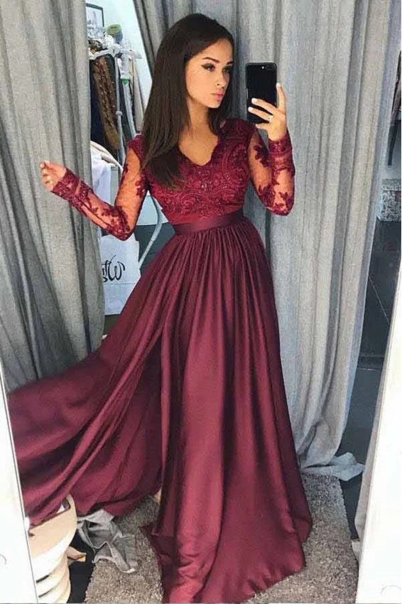 Robe de bal à manches longues bordeaux modeste personnalisée | Jolie robe de soirée
