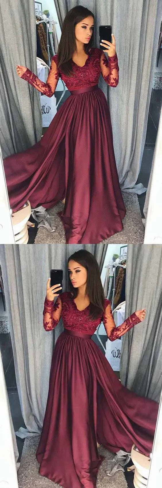 Robe de bal à manches longues bordeaux modeste personnalisée | Jolie robe de soirée
