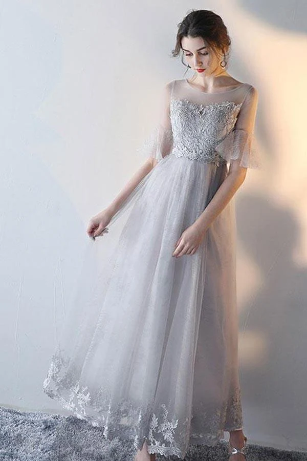 Robe de bal romantique grise en tulle fluide et modeste avec haut en dentelle GDC1229