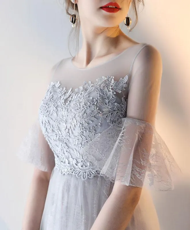 Robe de bal romantique grise en tulle fluide et modeste avec haut en dentelle GDC1229