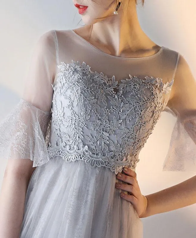 Robe de bal romantique grise en tulle fluide et modeste avec haut en dentelle GDC1229