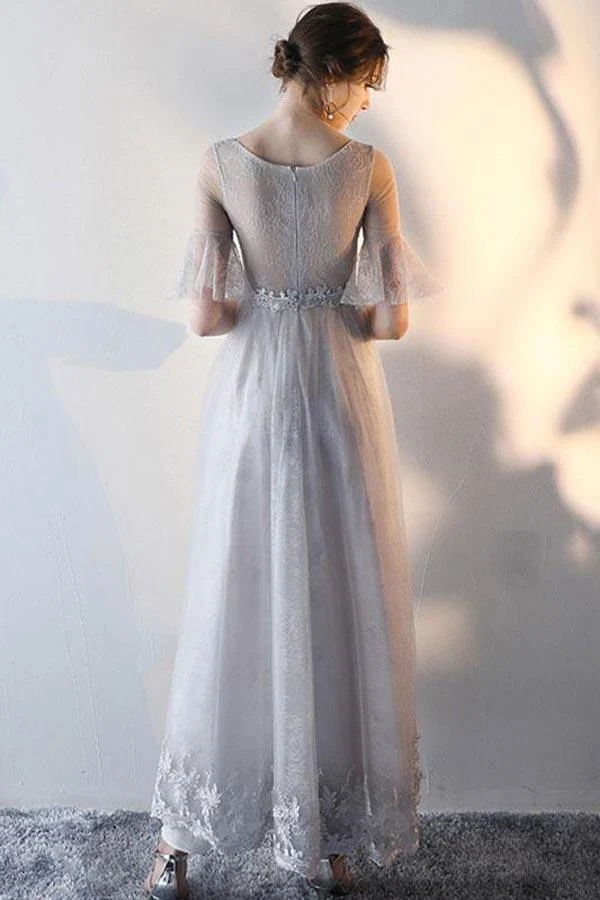 Robe de bal romantique grise en tulle fluide et modeste avec haut en dentelle GDC1229